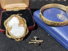 A vintage gilt cased cameo brooch & rolled gold bracelet