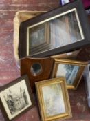 A box full of assorted antique and vintage picture frames (some glazed), shipping unavailable