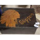 A vintage wooden slipper box with a Native American Indian motive, shipping unavailable
