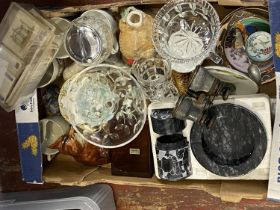 A box of misc collectables including, vintage opera glasses, shipping unavailable