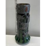 A Art Noveau period green glazed vase with applied metal decoration a/f h35cm