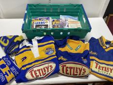 A selection of vintage Leeds Rhino's football shirts (3x XL) 199,2002,2005. With scarves &