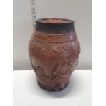 A large antique treacle glazed ceramic barrel h35cm, shipping unavailable