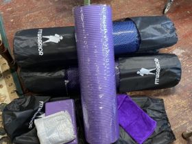 Four new Fitwarrior yoga mat kits including mat, skipping rope towel and foam brick, shipping