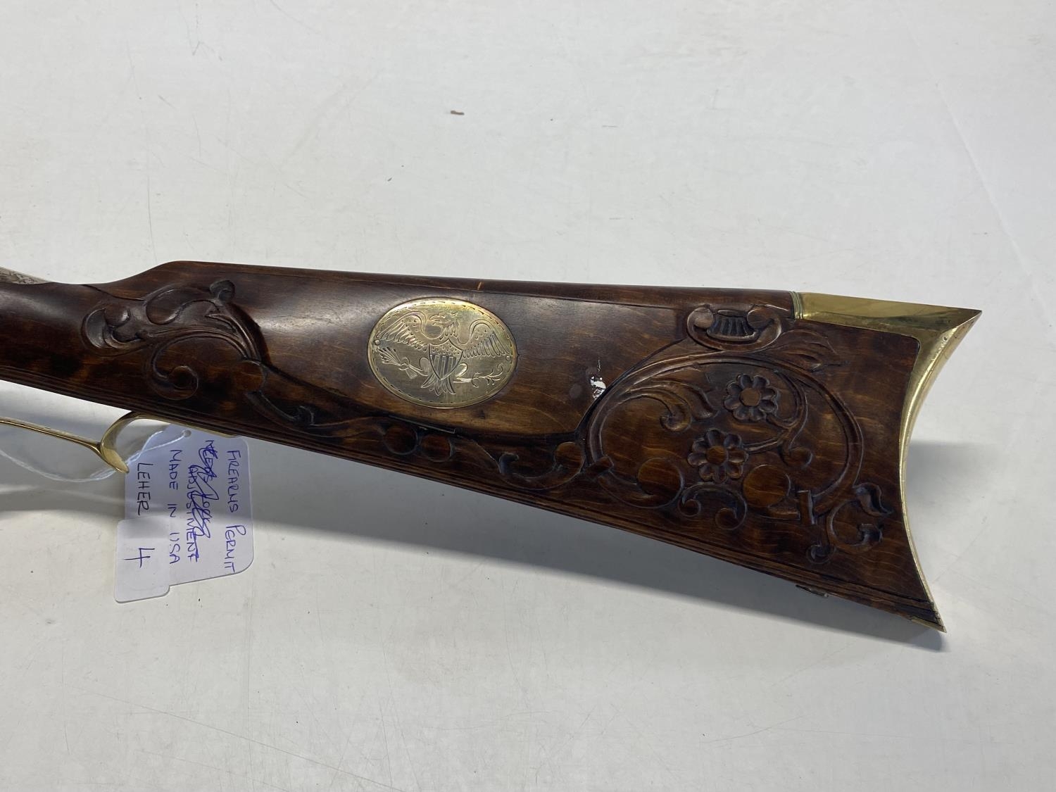 A P. Leher USA made reproduction .45 calibre Kentucky muzzle loading flintlock rifle. Shipping - Image 5 of 5