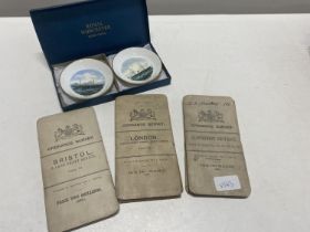 A selection of antique Ordnance Survey maps and a boxed pair of Royal Worcester pin dishes
