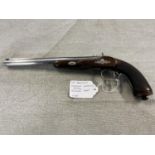 A P. Bondini .45 calibre single shot muzzle loading pistol. Black powder only. Serial number 0140.