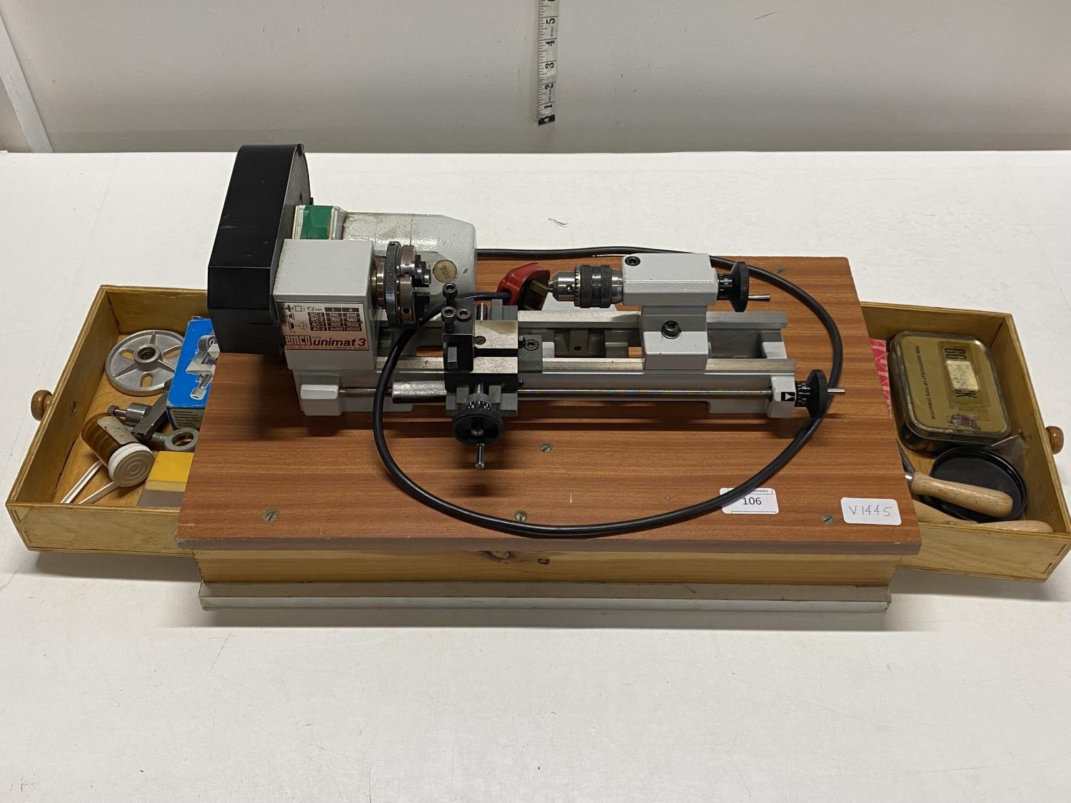 An EMCO Unimat 3 watch makers lathe with accessories mounted on custom built box in working order, - Image 2 of 9