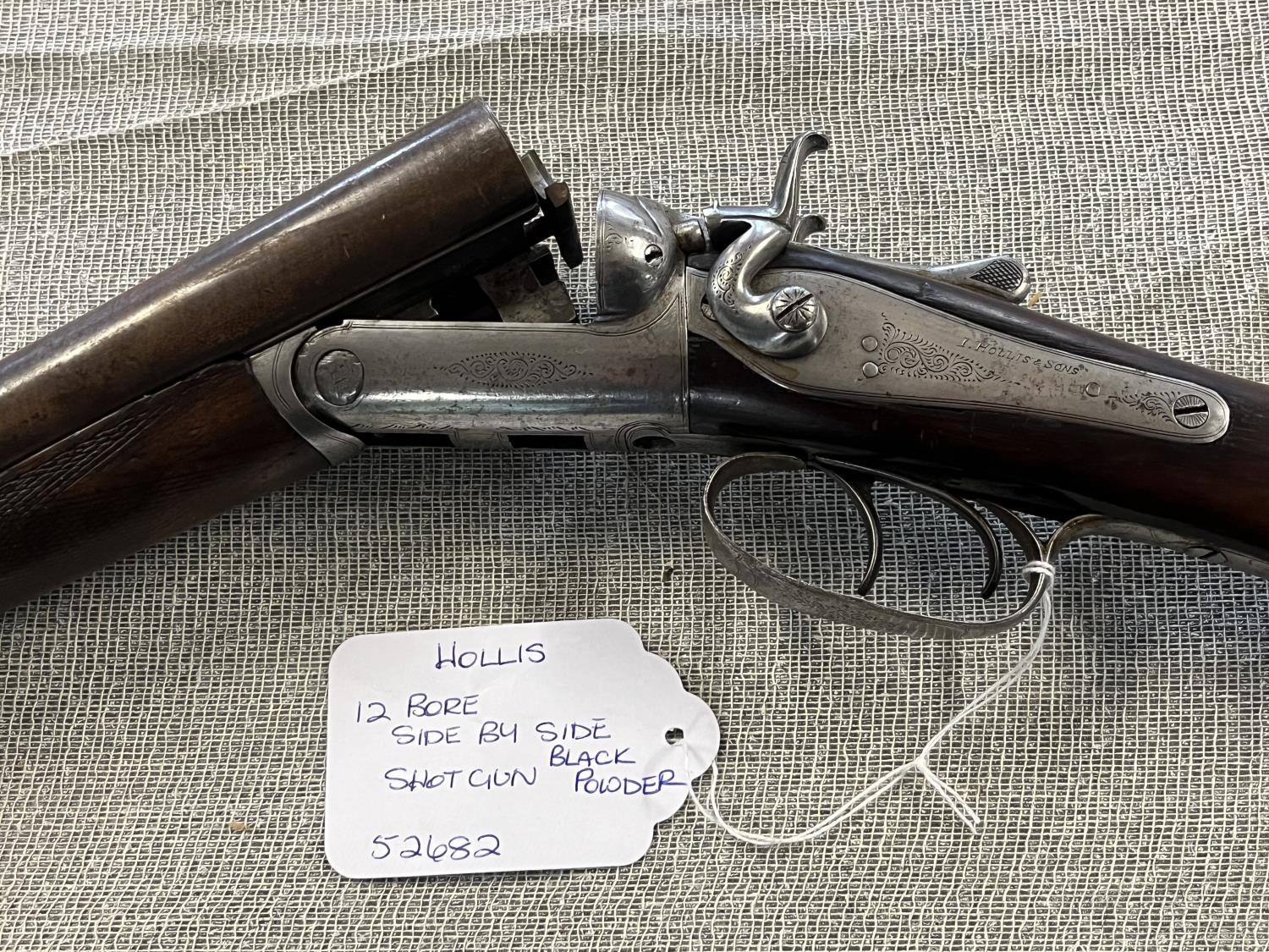 A J. Hollis & Sons 12 gauge side by side black powder only shotgun. Serial number 52682. Current - Image 5 of 5