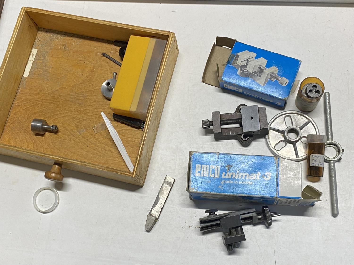 An EMCO Unimat 3 watch makers lathe with accessories mounted on custom built box in working order, - Image 6 of 9