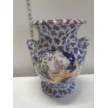 A large ceramic early 20th century two handled vase with Oriental decoration h36cm, shipping