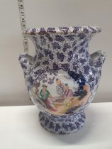 A large ceramic early 20th century two handled vase with Oriental decoration h36cm, shipping