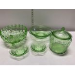 Five pieces of vintage green uranium glass, shipping unavailable