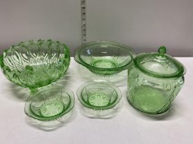 Five pieces of vintage green uranium glass, shipping unavailable