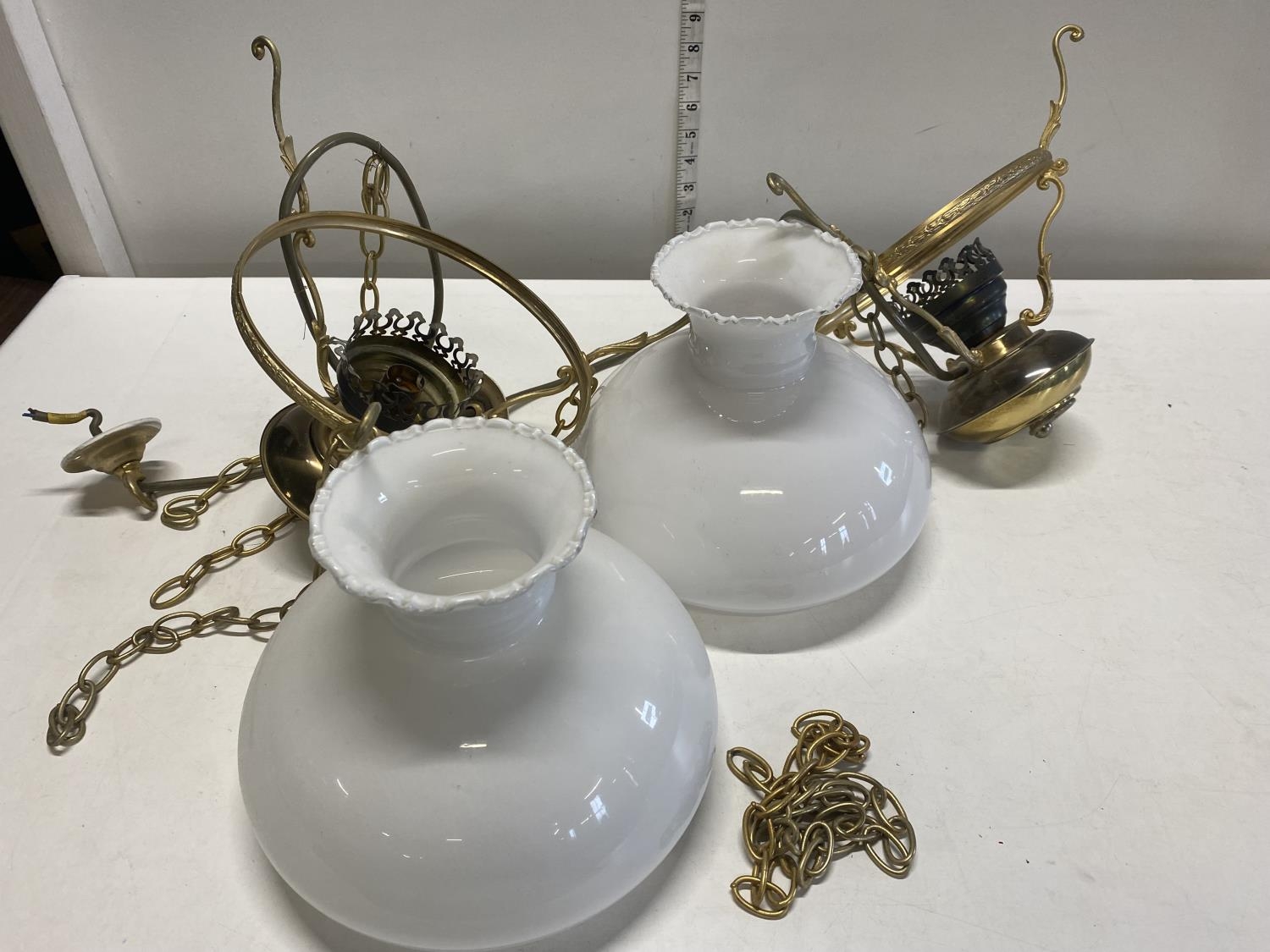 Two vintage brass and glass ceiling shade and fittings, shipping unavailable