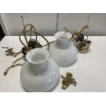 Two vintage brass and glass ceiling shade and fittings, shipping unavailable