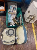 A box of assorted collectables including vintage record layer, brass table lamp etc, shipping