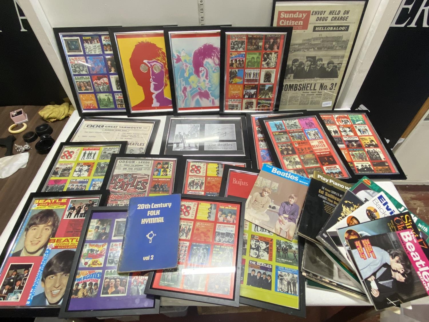 A large job lot of assorted Beatles framed prints and ephemera, shipping unavailable