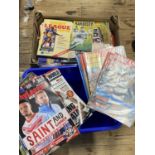 Two boxes full of assorted vintage Rugby league programmes and other items