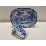 A Victorian blue and white meat plate with a cheese dish and cover, shipping unavailable
