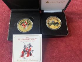 Two boxed commemorative coins 'St George's Day & Spitfire'