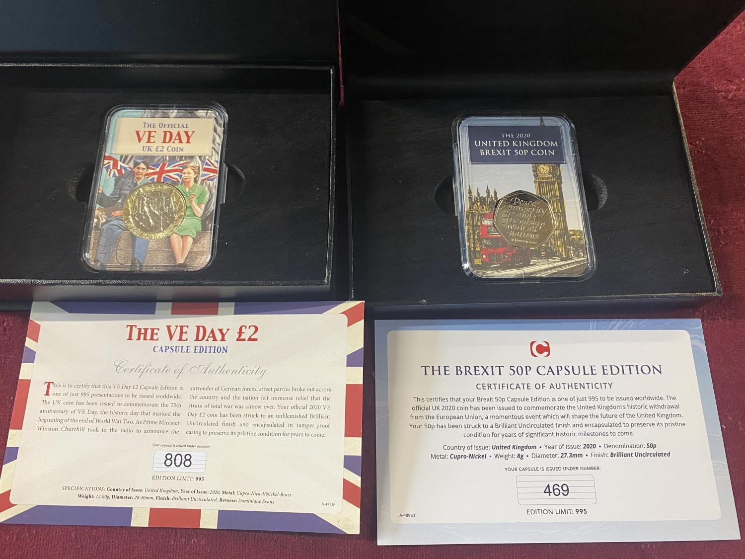 Two boxed uncirculated British coins '£2 VE Day coin' & '50p Brexit coin'