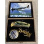 A Spitfire themed pocket knife and pocket watch set