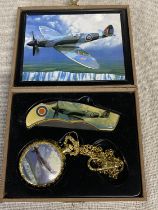 A Spitfire themed pocket knife and pocket watch set