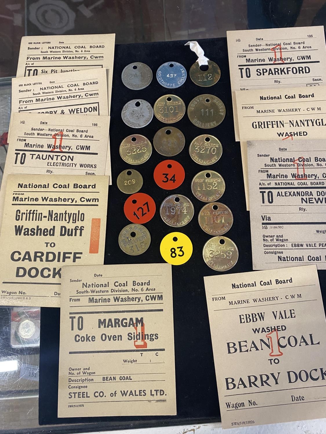Eighteen colliery pit mining checks and other related ephemera
