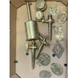 A job lot of vintage brassware including bottle jack, shipping unavailable