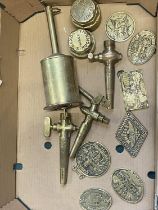 A job lot of vintage brassware including bottle jack, shipping unavailable