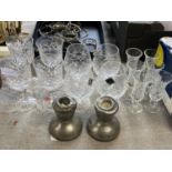 A selection of good quality branded crystal with two Tudric candlesticks, shipping unavailable