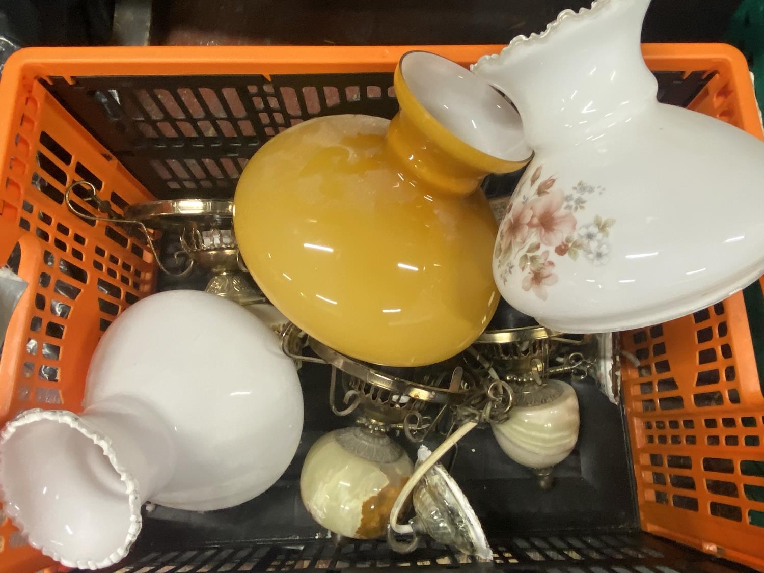 A box of assorted mid century ceiling lamps and shades, shipping unavailable