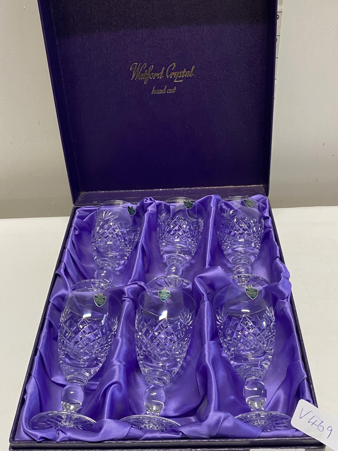 A set of six boxed Watford hand cut crystal wine glasses, shipping unavailable