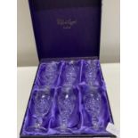 A set of six boxed Watford hand cut crystal wine glasses, shipping unavailable