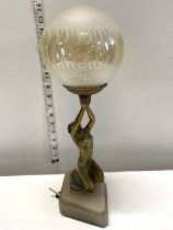 A beautiful Art Deco period gilt metal table lamp on a alabaster base with the original glass shade.