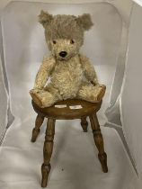 A antique pine stool & teddy bear with growler. No shipping.