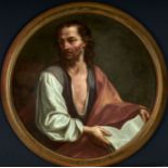 Maler um 1700. Evangelist Markus mit aufgeschlagenem Buch und seitlich dem Löwen. Öl/Lwd. Ø 64 cm