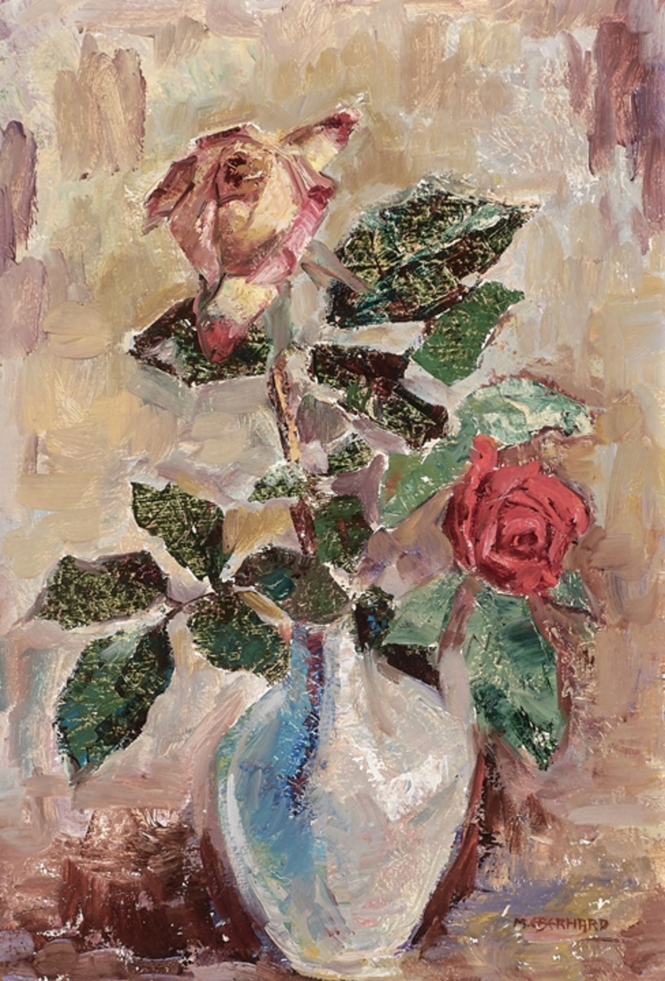 Marie Eberhard. 1897 Ravensburg - 1975 Weingarten.  Sign. Zwei Rosen in Vase. Öl/Holz. 43 x 30 cm. 