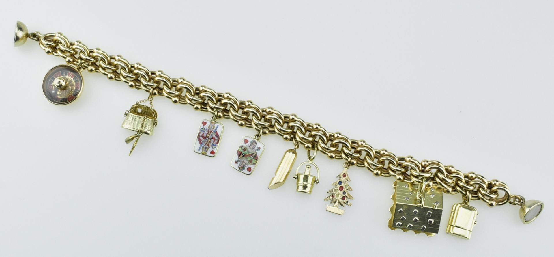 Bettelarmband.  Roulettekessel, Fischerkorb, zwei Spielkarten, Pfeife, Champagnerkübel, Weihnachtsb - Bild 2 aus 2