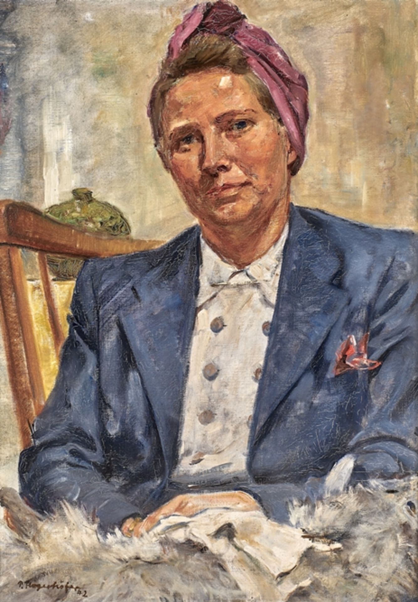 Paul Flögerhöfer. 1905 Remscheid - 1984 Wuppertal.  Sign. (19)42 dat. Portrait einer Damen mit blau