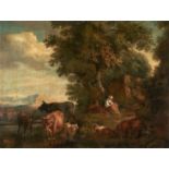 Unbekannter Maler des 19. Jh. Pastorale mit rastender Hirtin und ihrem Vieh an einer Tränke. Öl/Lwd