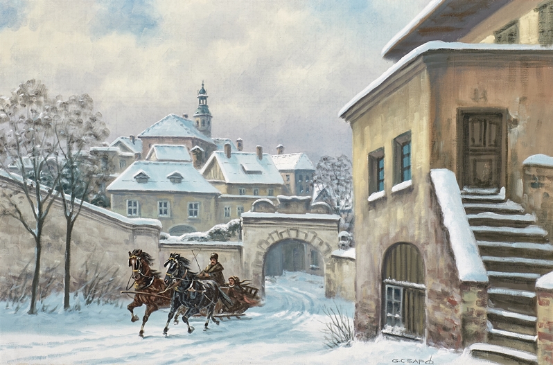 G. Csapo. Ungarischer Maler des 20. Jh. Sign. Burganlage im Winter mit zweispännigem Schlitten. Öl