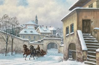 G. Csapo. Ungarischer Maler des 20. Jh. Sign. Burganlage im Winter mit zweispännigem Schlitten. Öl