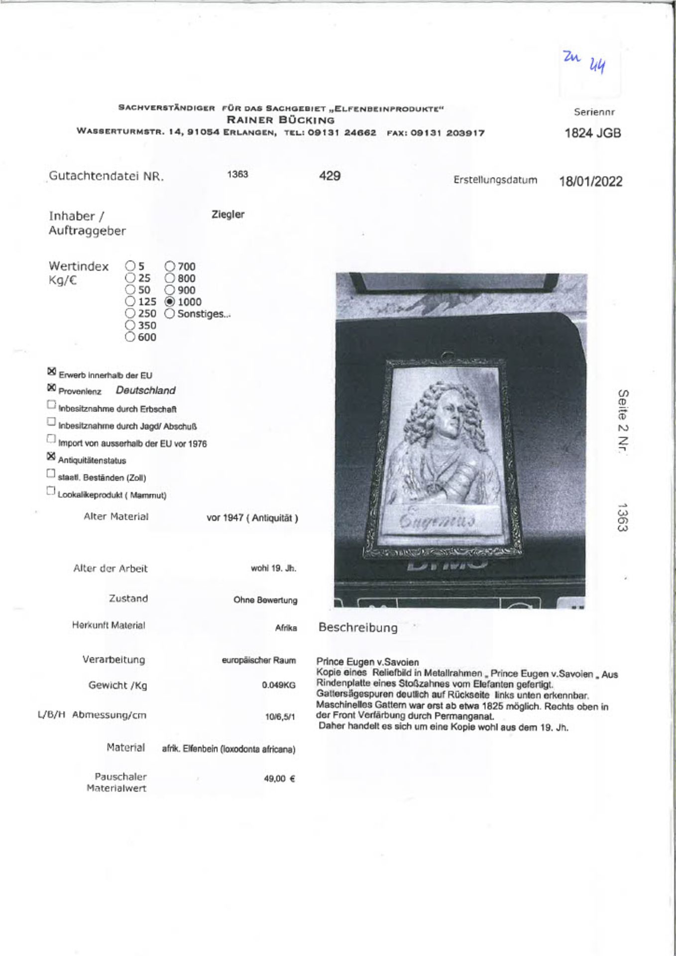 Prinz Eugen. Reliefbüste als Miniatur. 19. Jh. Elfenbein. Metallfassung. 10 x 6 cm - Bild 3 aus 3
