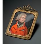 Miniaturist Ende 18. Jh. Portrait George IV. Rote Jacke und Hosenbandorden. Silberrahmen. Mit Perle