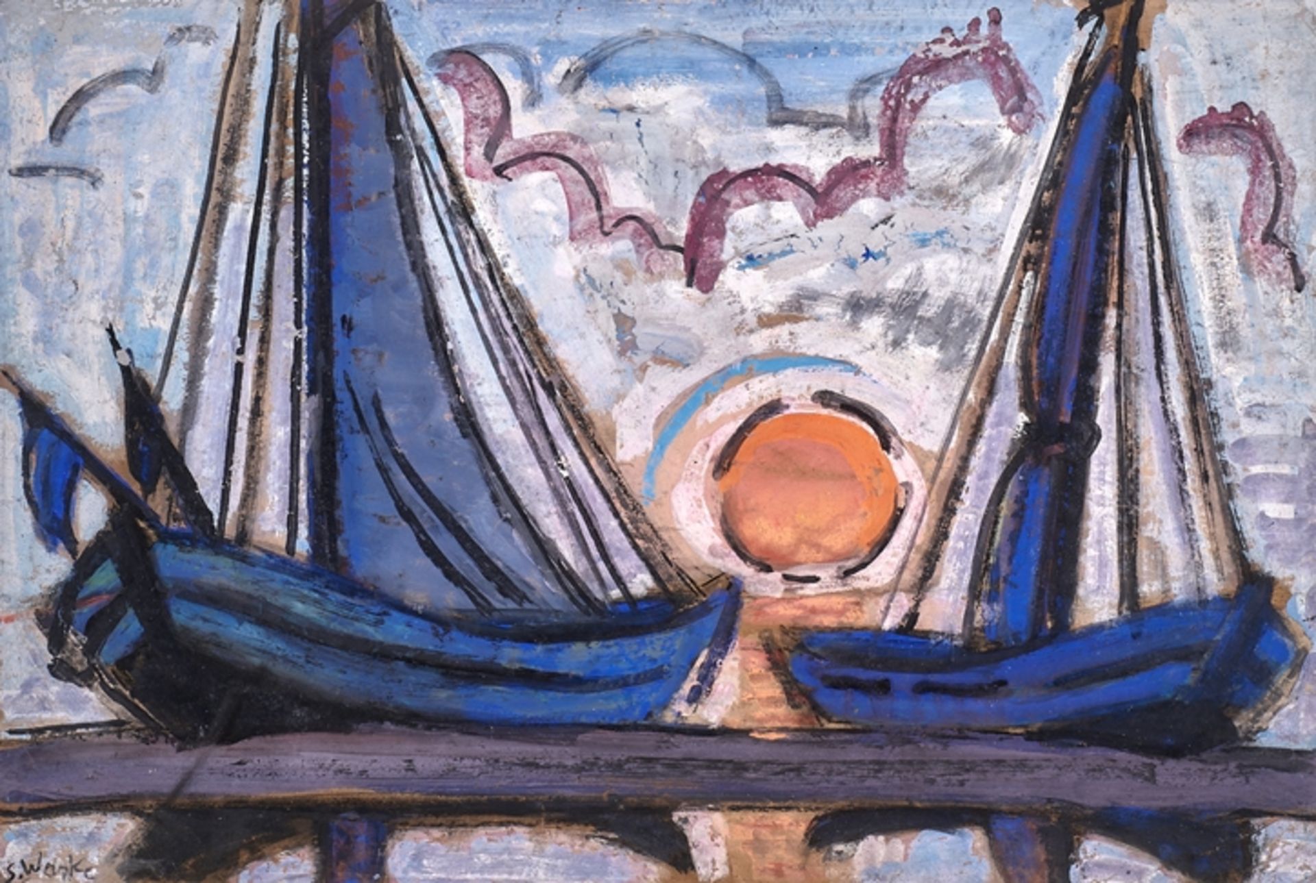 S. Waske. Zeitgenössische Künstler. Sign. Zwei Schiffe bei aufgehender Sonne. Mischtechnik. 54 x 80