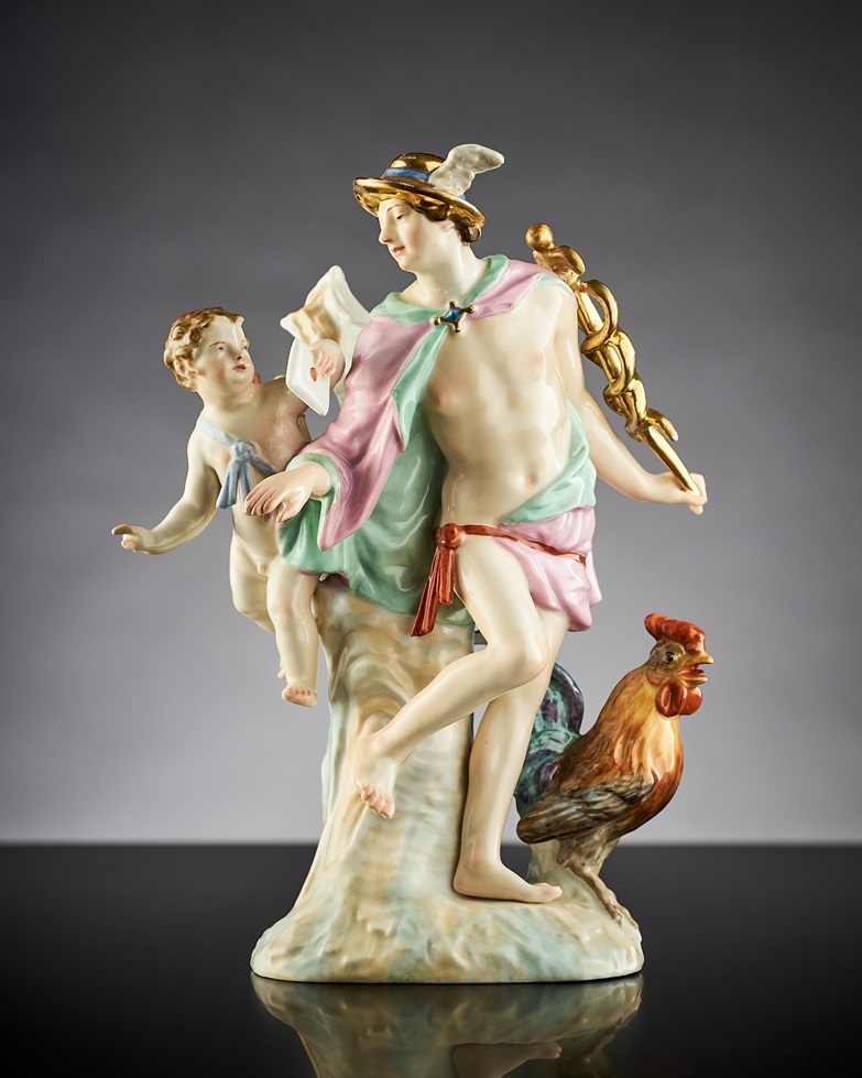 Amor und Merkur als Figurine. Polychrom bemalt. Wohl Thüringen, 19. Jh. H 21,5 cm