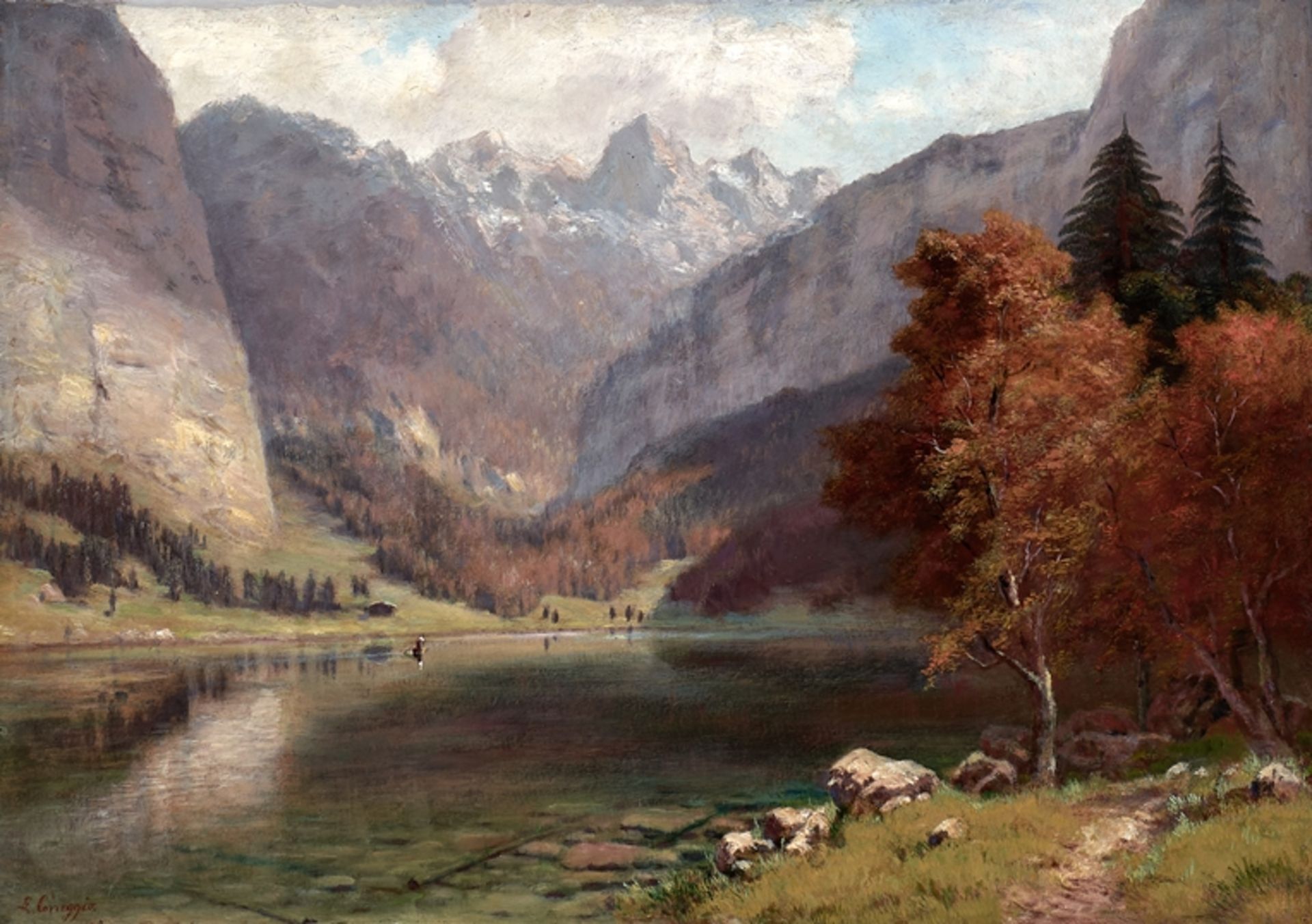 Ludwig Correggio. 1846 München - nach 1920 München. Sign. Sonniger Herbsttag am Königsee. Öl/Ktn.