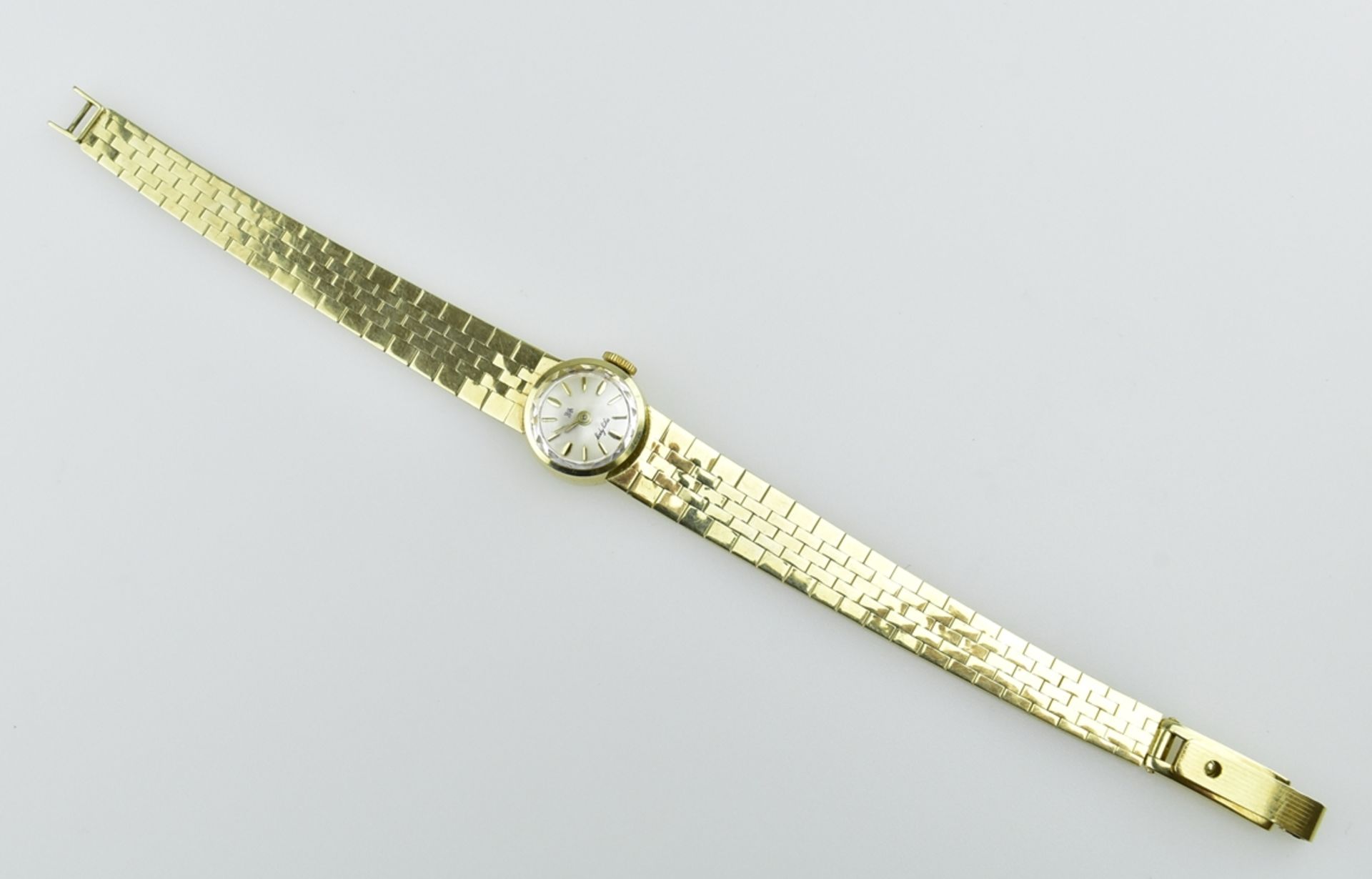 Goldene Damenarmbanduhr, 14. ct. Glattes, rundes Gehäuse. ZIfferblatt bez.:'KA-Lady like'. Ankerhem - Image 2 of 2